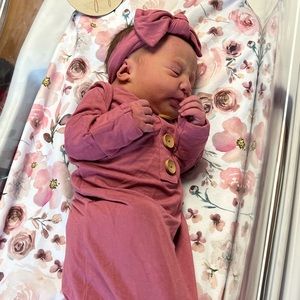 Caden Lane knotted gown with matching hat and bow